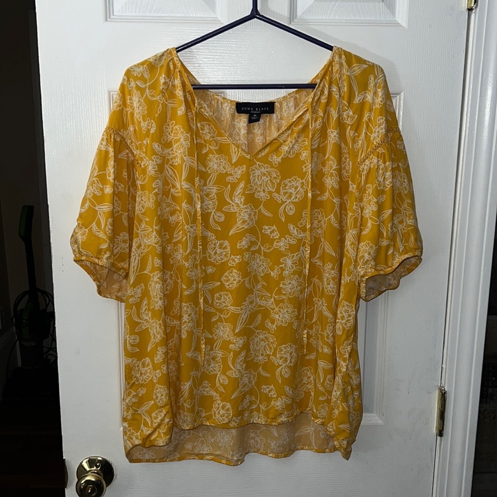 Como Black Women’s Yellow Floral V-Neck Tassel Blouse Size 3X